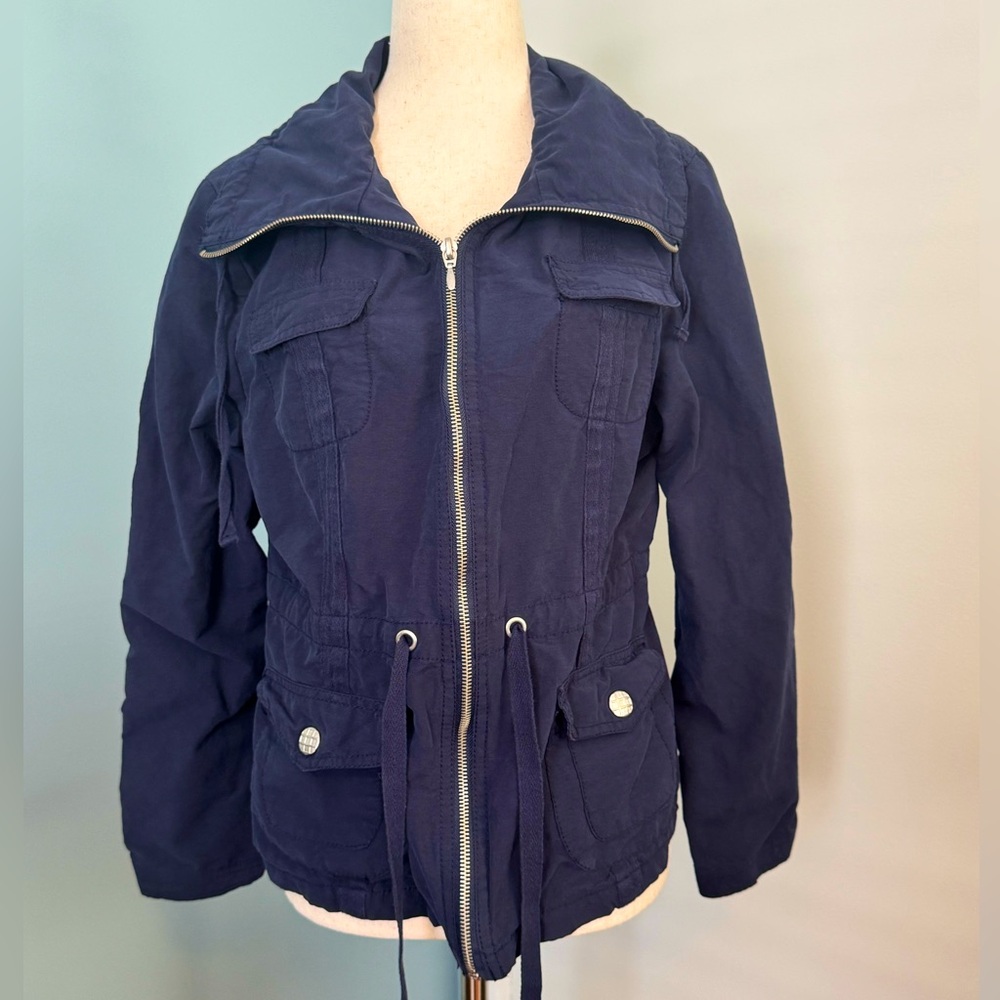 Navy blue, lightweight, Ladies Christopher & Banks Jacket, size large.